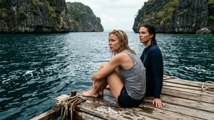 Scena del survival thriller acquatico con un'orca e le protagoniste intrappolate