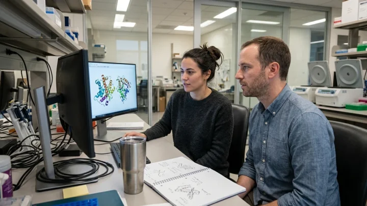 Modello molecolare tridimensionale di una proteina progettata tramite algoritmi computazionali