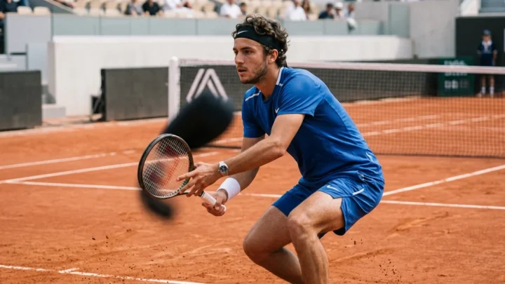 Lorenzo Musetti durante un match di tennis professionistico