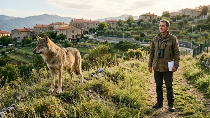 Esemplari di lupo appenninico che si muovono compatti in un bosco collinare italiano