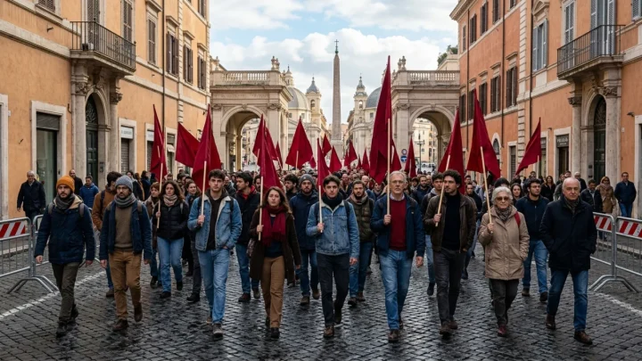 Corteo della manifestazione a Roma verso Piazza del Popolo