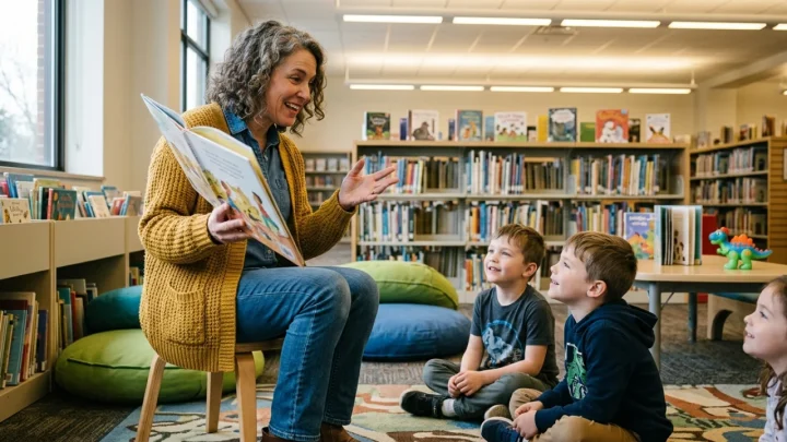 Biblioteca civica con libri aperti e spazi per la lettura