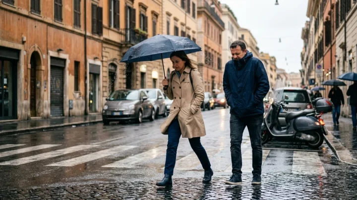 Cielo nuvoloso e pioggia sul centro storico di Roma con i riflessi sull'asfalto