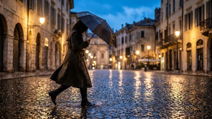 Cielo coperto con pioggia e vento sulla città di Verona