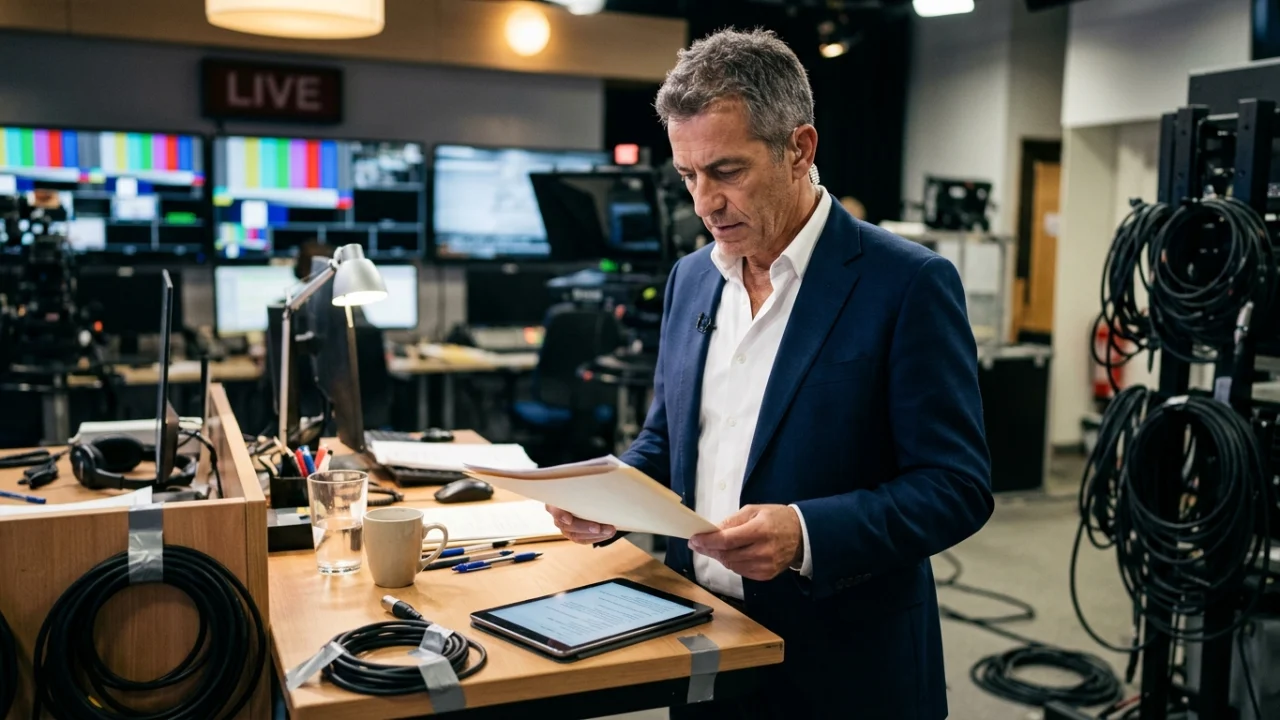 Milo Infante nello studio televisivo durante la conduzione