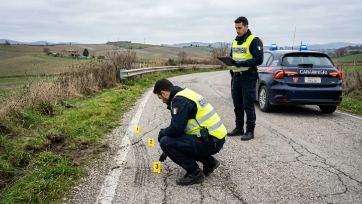 Rilievi dei carabinieri lungo una strada di campagna per indagini su incidente stradale