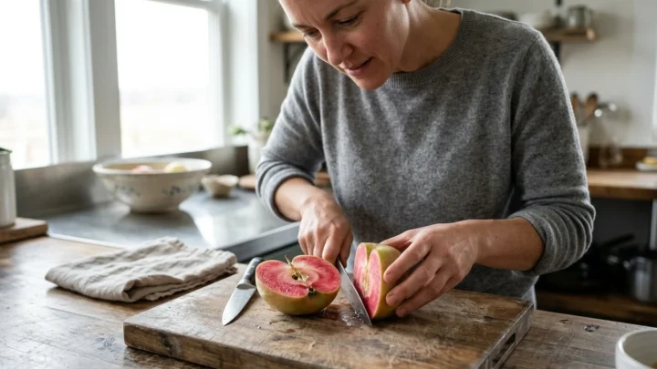 Una mela Mountain Rose tagliata a metà che mostra la polpa interna di colore rosa acceso e la buccia verde chiaro