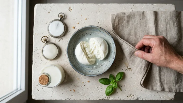 Lavorazione artigianale della Mozzarella di Bufala Campana DOP in un caseificio