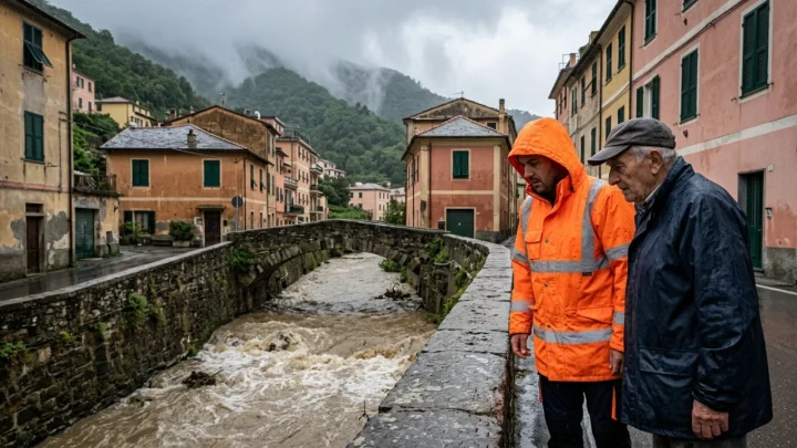Scorcio del borgo di Sori con il torrente che attraversa l'abitato verso il mare