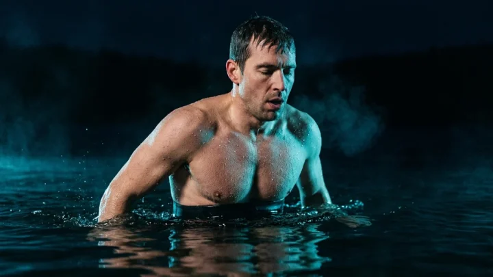 Nuotatore che si allena in uno specchio d'acqua naturale a bassa temperatura