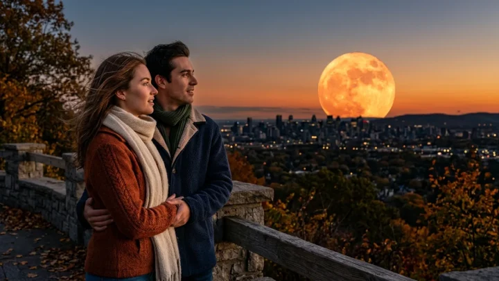 October Hunter’s Moon glowing vibrant orange near the horizon