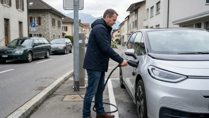 Auto elettrica in ricarica con vista panoramica sulle strade alpine svizzere