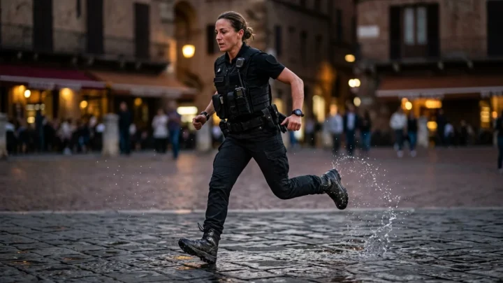 Pattuglie delle forze dell'ordine durante controlli serali nella zona centrale di Piacenza