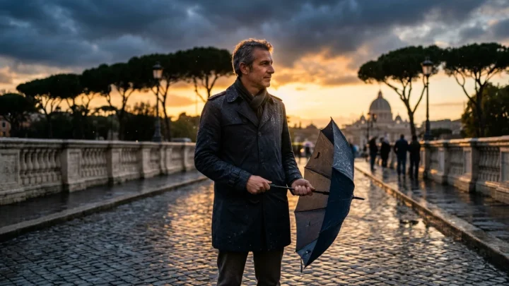 Cielo coperto con temporali e pioggia battente sui tetti di Roma
