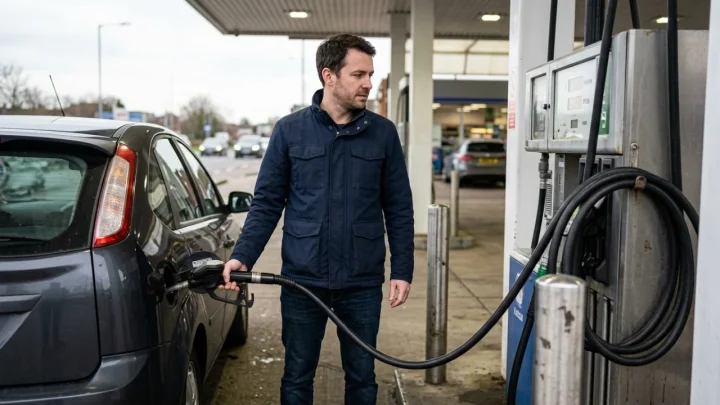 Erogatore di carburante presso una stazione di rifornimento con display digitale dei prezzi