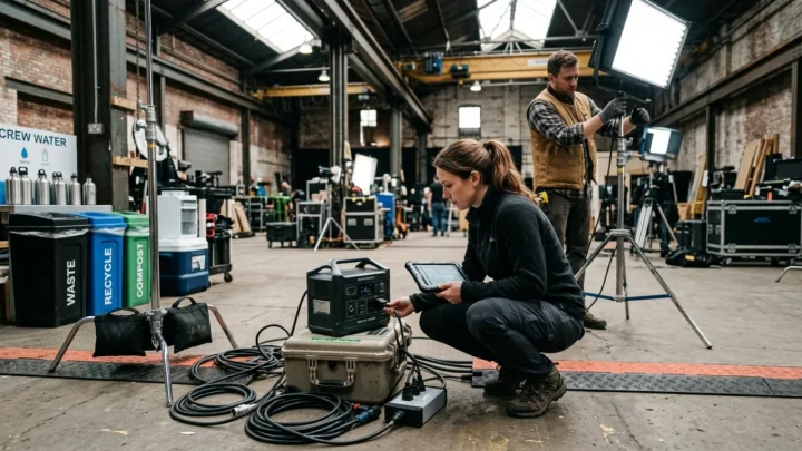 Set cinematografico con attrezzature tecniche e gestione sostenibile delle risorse