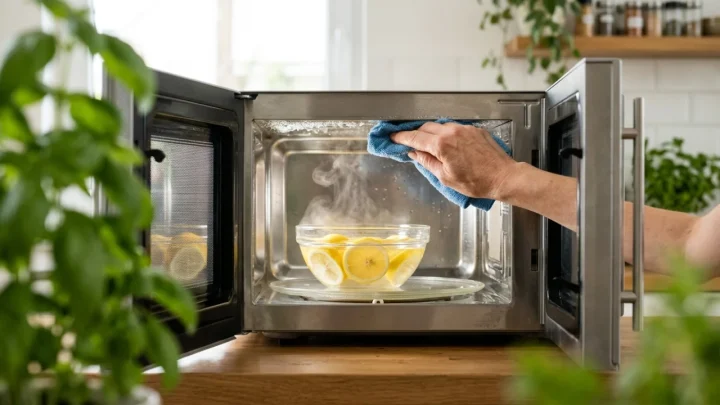 Ciotola con acqua e limone nel forno a microonde per sciogliere le incrostazioni con il vapore