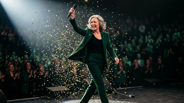 Simona Ventura sorridente sul palcoscenico televisivo