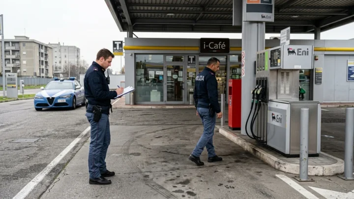 Area di servizio e distributore di benzina con volante della Polizia di Stato