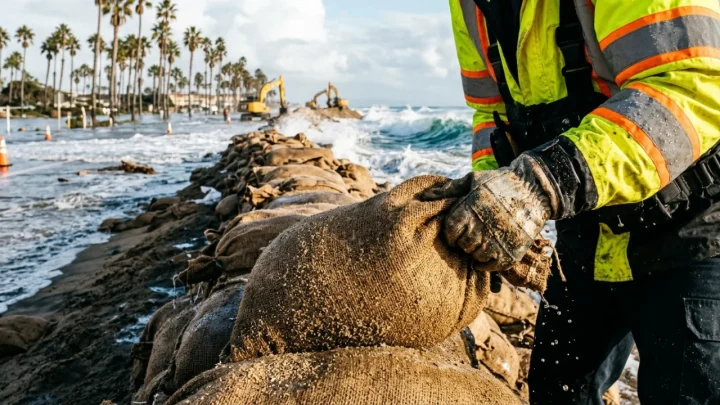 Flooded coastal roadway and emergency sand berm defences during high tide in Newport Beach