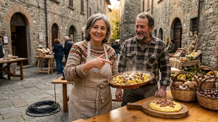 Piazza Mariano Buratti a San Martino al Cimino con piatti tradizionali a base di funghi porcini e castagne