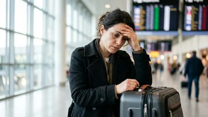 Tabellone partenze di un aeroporto italiano con voli cancellati e passeggeri in attesa