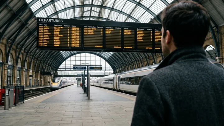 Tabellone partenze di una stazione ferroviaria con avvisi di ritardi e cancellazioni per sciopero