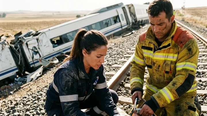 Soccorritori e vagoni deragliati sul luogo dell'incidente ferroviario ad alta velocità a Toledo