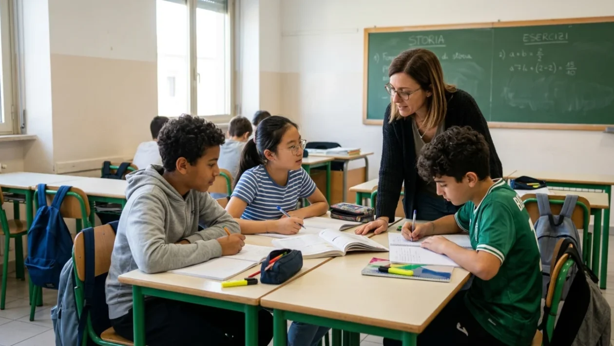 Aula scolastica con banchi e studenti durante una lezione