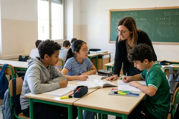 Aula scolastica con banchi e studenti durante una lezione