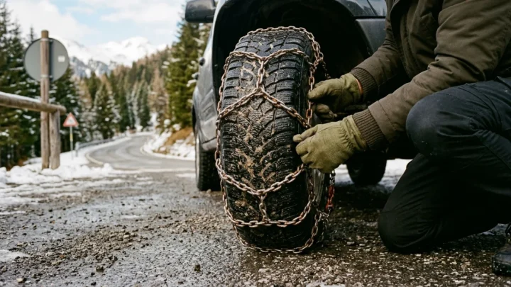 Segnale stradale con pneumatico e catene da neve