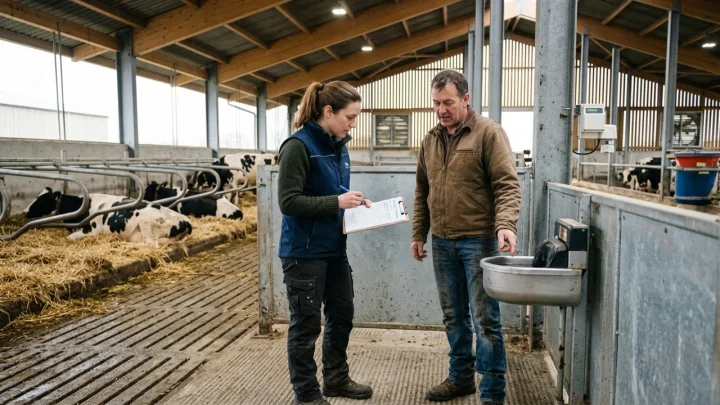 Interno di una stalla moderna con animali e corsia di alimentazione pulita