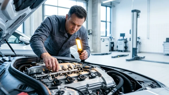 Dettaglio di un moderno motore diesel per autovetture con componenti tecnologici a basse emissioni