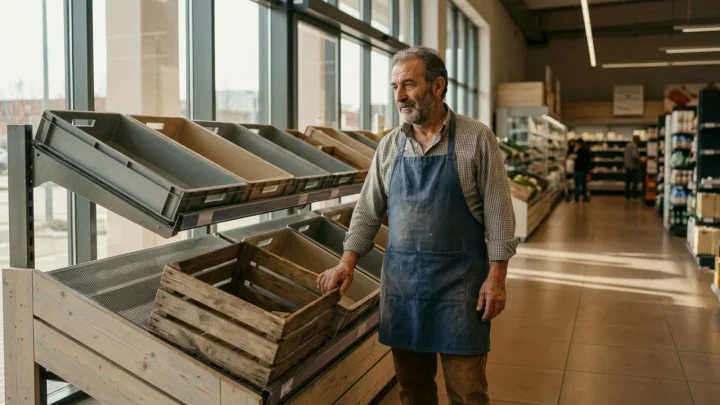 Banchi vuoti nel reparto ortofrutta di un supermercato italiano a causa dei blocchi del trasporto merci