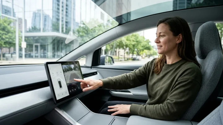 Interior view of a Tesla Cybercab cabin display showing passenger controls without a steering wheel or pedals
