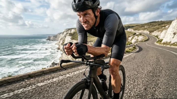 Tour de France peloton racing along a dramatic coastal road during a Grand Tour stage