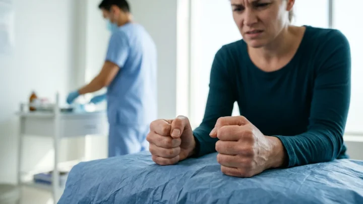 Close-up of a patient undergoing a medical procedure while experiencing sensory distress