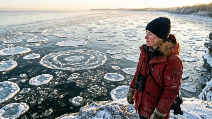Large circular pancake ice rings floating across the freezing surface of Lake Michigan