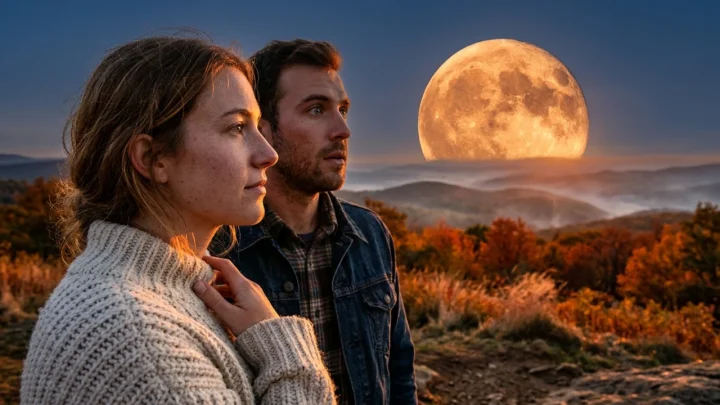A glowing orange Hunter's supermoon rising through the night sky behind silhouetted clouds