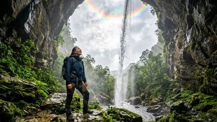 Waterfall pouring over the rocky overhang of Gruta Casa de Pedra cave in Brazil beneath a glowing halo