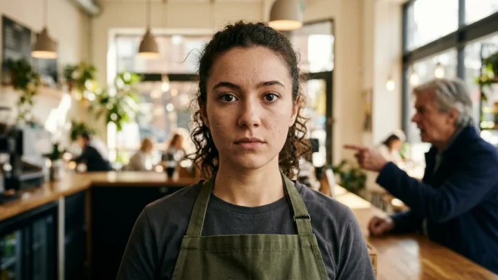 Young person maintaining a neutral, unblinking expression during a conversation
