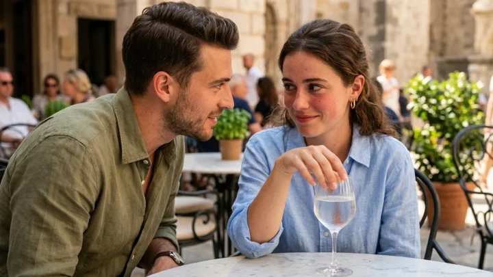 Two people engaged in subtle, engaged conversation across a table showing mutual interest