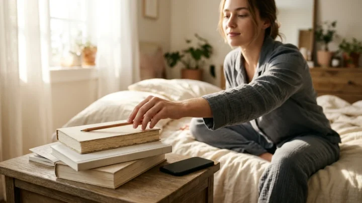 A curated stack of physical books, crossword puzzles, and a notebook on a bedside table
