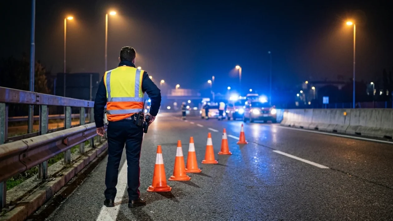 Rilievi delle forze dell'ordine dopo un grave incidente stradale notturno