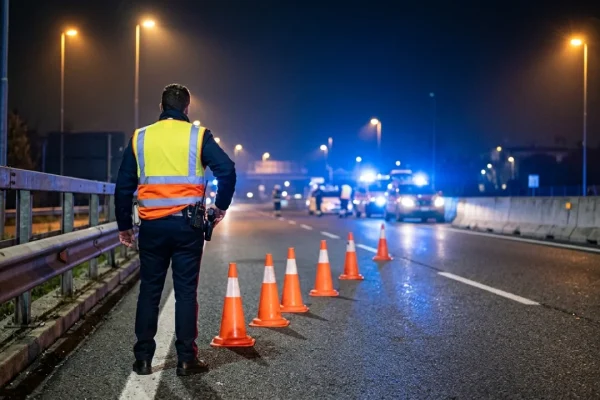Rilievi delle forze dell'ordine dopo un grave incidente stradale notturno