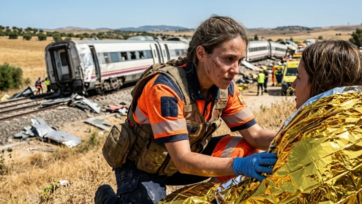 Soccorritori al lavoro lungo la linea ad alta velocità nei pressi di Toledo dopo il disastro ferroviario