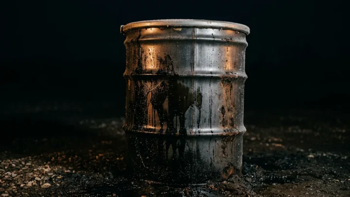 Raffineria di petrolio e barili di greggio con grafici finanziari