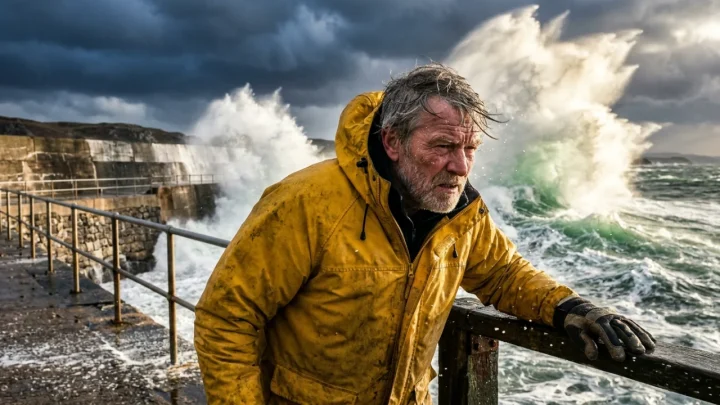 Rough coastal waves crashing against a sea wall during severe autumn gales in the United Kingdom.