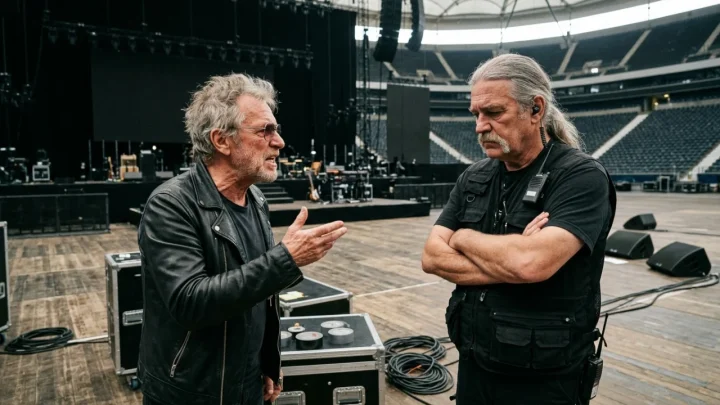 Vasco Rossi e lo storico stage manager Diego Spagnoli durante un concerto rock