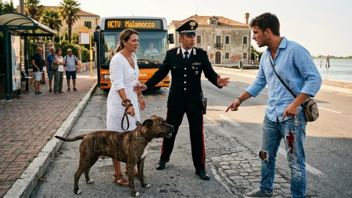 Autobus del trasporto pubblico fermo lungo la strada per l'intervento delle forze dell'ordine